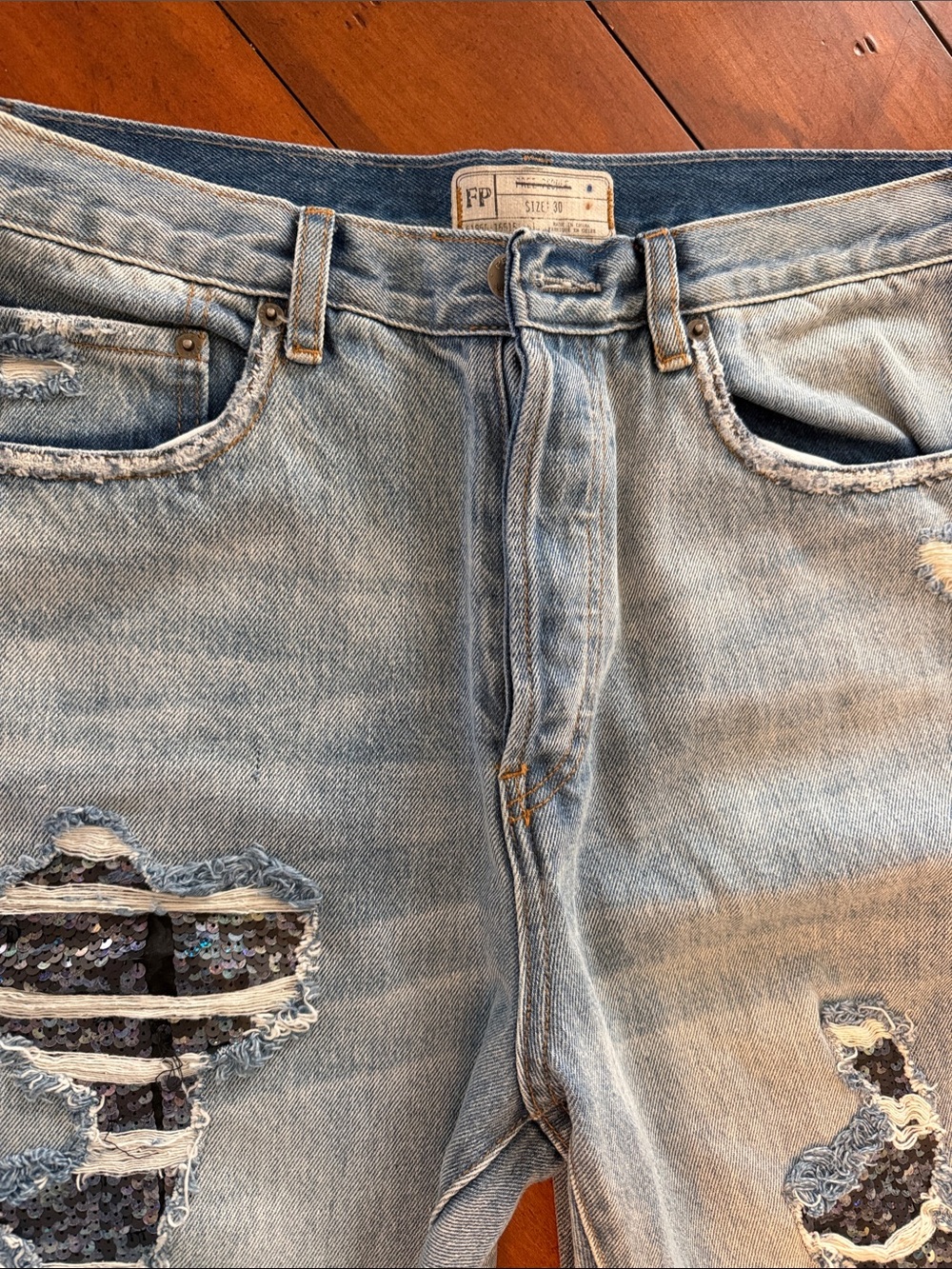 Free People Light Blue Relaxed Jeans with Sequin Panels